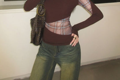 High Neck Plaid Panel Long Sleeve Top