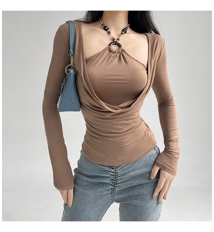 Beaded Halter Neck Fitted Tee with Long Sleeves