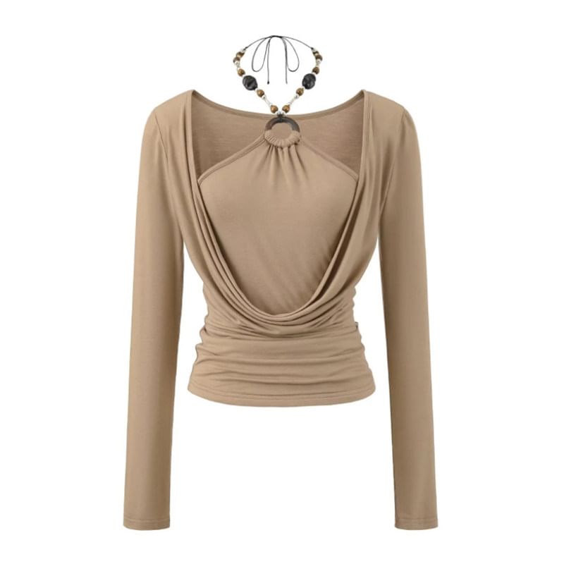 Beaded Halter Neck Fitted Tee with Long Sleeves