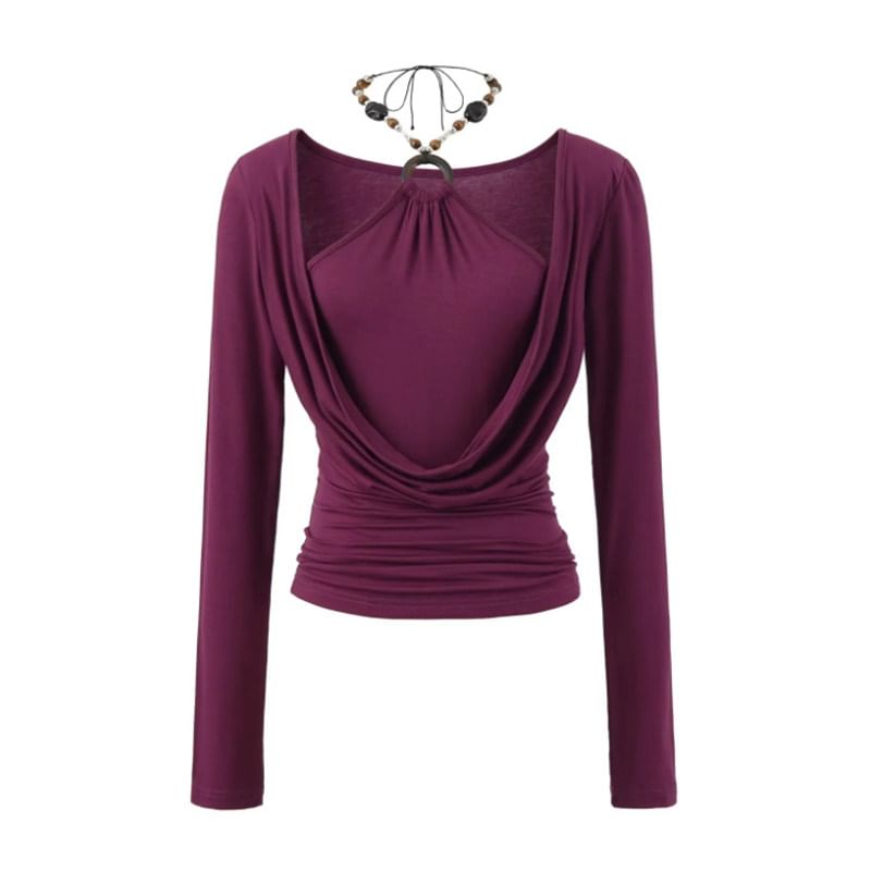 Beaded Halter Neck Fitted Tee with Long Sleeves