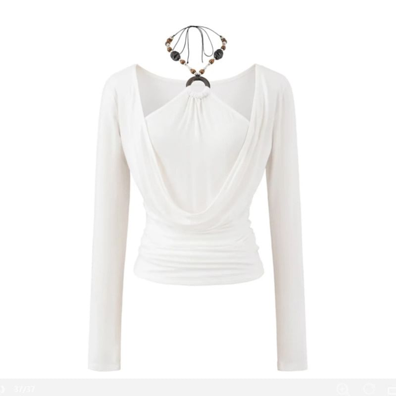 Beaded Halter Neck Fitted Tee with Long Sleeves
