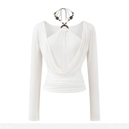 Beaded Halter Neck Fitted Tee with Long Sleeves