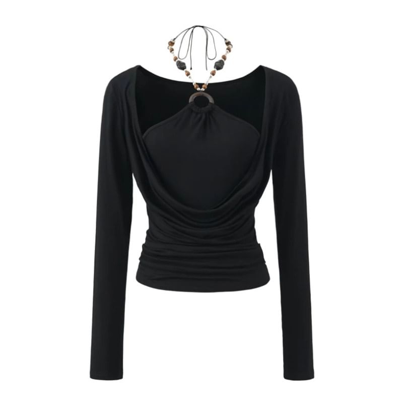 Beaded Halter Neck Fitted Tee with Long Sleeves