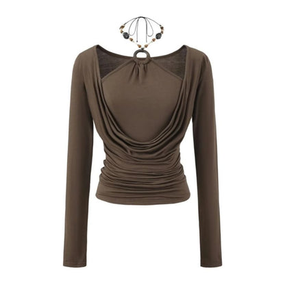 Beaded Halter Neck Fitted Tee with Long Sleeves
