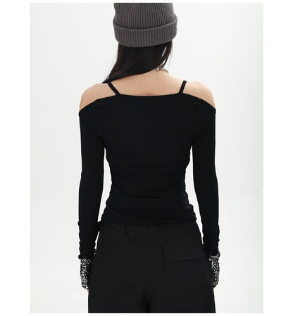 Sequin Panel Cold Shoulder Crop Tee