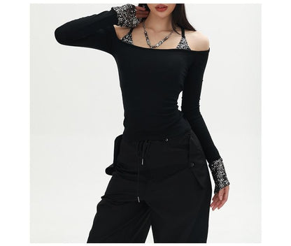 Sequin Panel Cold Shoulder Crop Tee