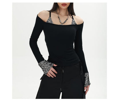 Sequin Panel Cold Shoulder Crop Tee