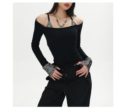 Sequin Panel Cold Shoulder Crop Tee