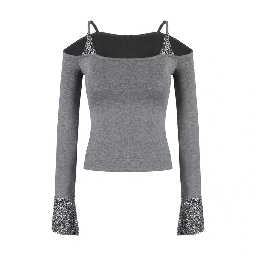 Sequin Panel Cold Shoulder Crop Tee