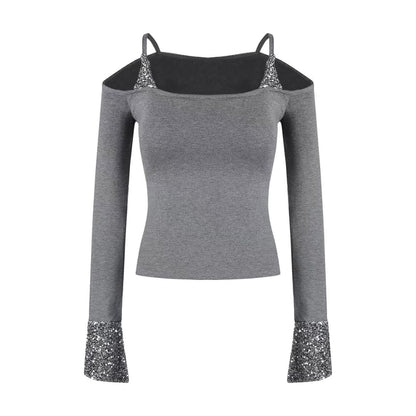 Sequin Panel Cold Shoulder Crop Tee