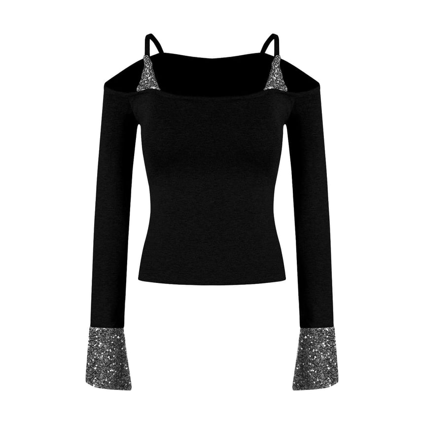 Sequin Panel Cold Shoulder Crop Tee