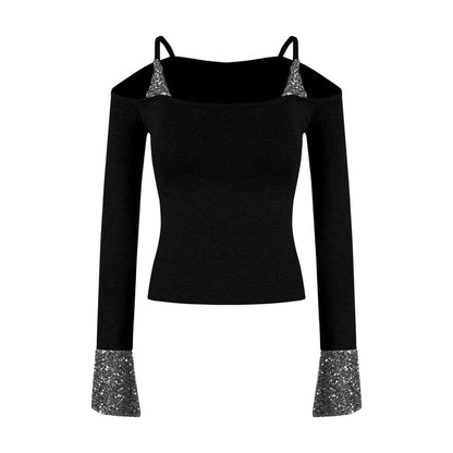 Sequin Panel Cold Shoulder Crop Tee
