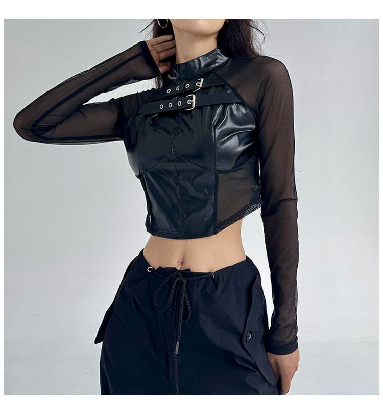 Faux Leather Buckle Crop Top with Mesh Panels