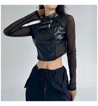 Faux Leather Buckle Crop Top with Mesh Panels