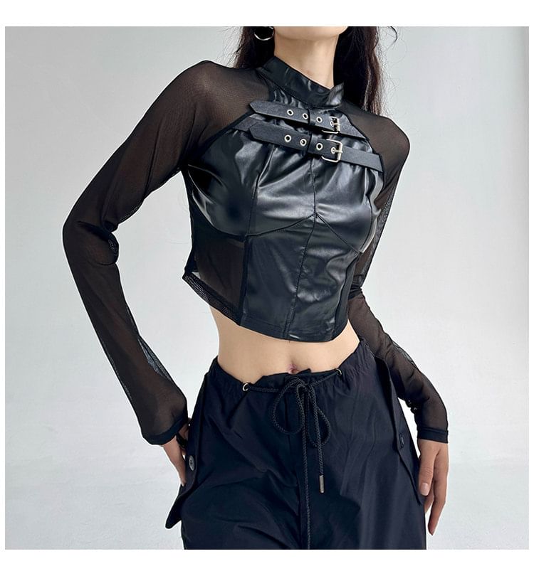 Faux Leather Buckle Crop Top with Mesh Panels