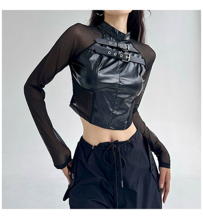 Faux Leather Buckle Crop Top with Mesh Panels