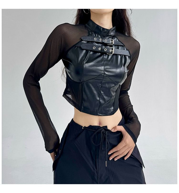 Faux Leather Buckle Crop Top with Mesh Panels