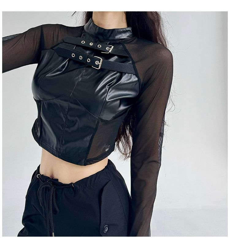 Faux Leather Buckle Crop Top with Mesh Panels
