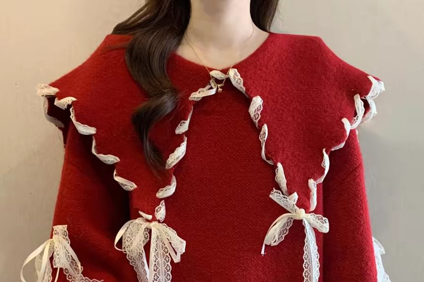 Lace Trim Collared Sweater with Long Sleeves