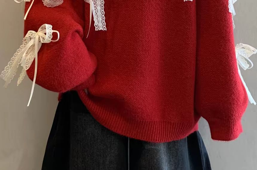 Lace Trim Collared Sweater with Long Sleeves