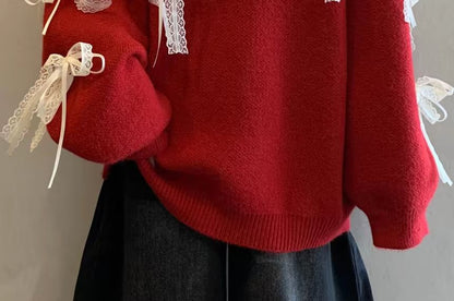 Lace Trim Collared Sweater with Long Sleeves