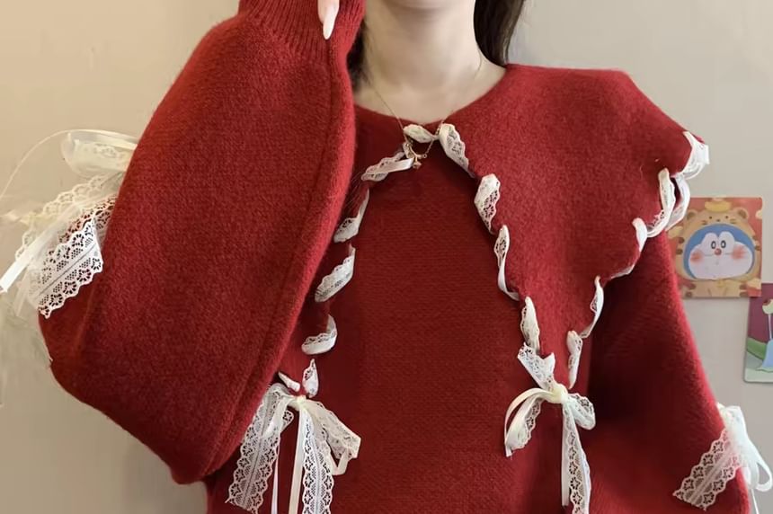Lace Trim Collared Sweater with Long Sleeves