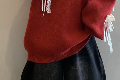 Lace Trim Collared Sweater with Long Sleeves