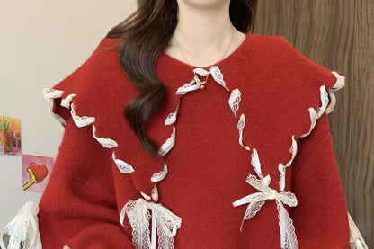 Lace Trim Collared Sweater with Long Sleeves