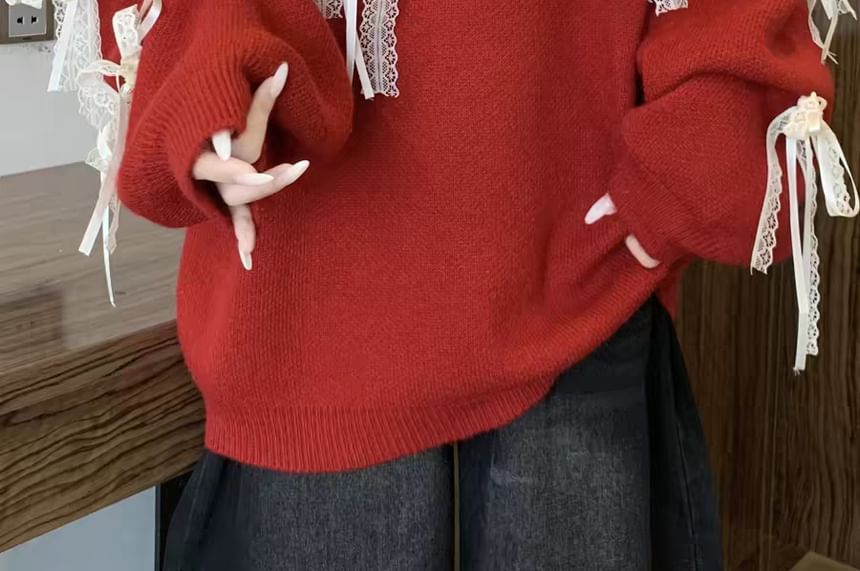 Lace Trim Collared Sweater with Long Sleeves