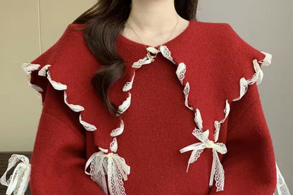 Lace Trim Collared Sweater with Long Sleeves