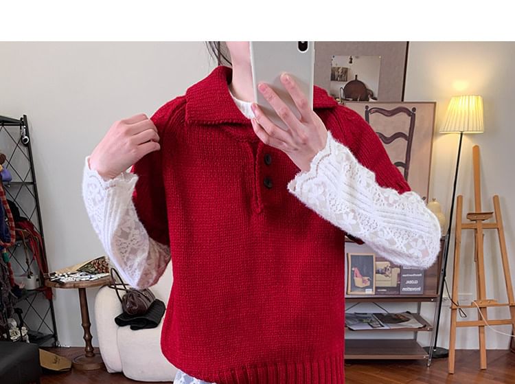 Polo-Neck Knit Top with Short Sleeves in Solid Color