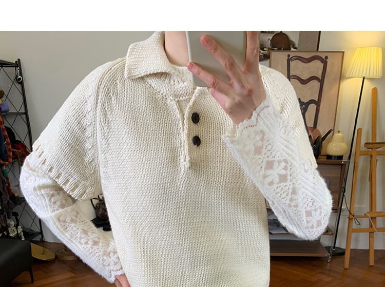 Polo-Neck Knit Top with Short Sleeves in Solid Color