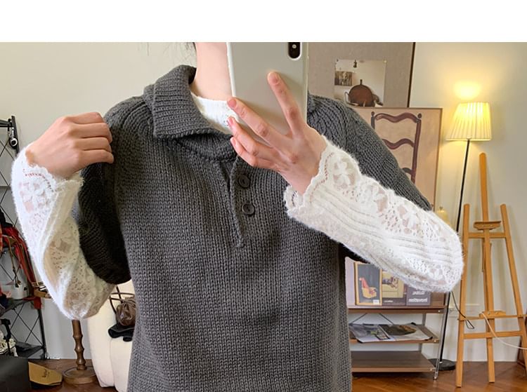 Polo-Neck Knit Top with Short Sleeves in Solid Color