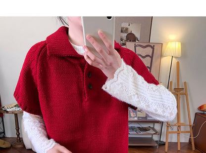 Polo-Neck Knit Top with Short Sleeves in Solid Color