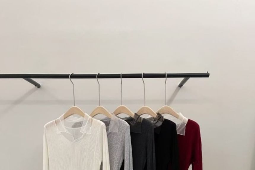 Ribbed Knit Top with Mesh Ruffle and V-Neck Long Sleeves