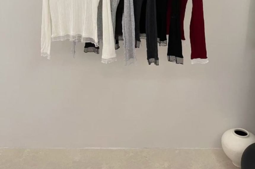 Ribbed Knit Top with Mesh Ruffle and V-Neck Long Sleeves