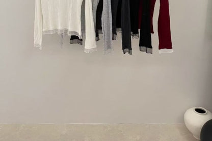 Ribbed Knit Top with Mesh Ruffle and V-Neck Long Sleeves