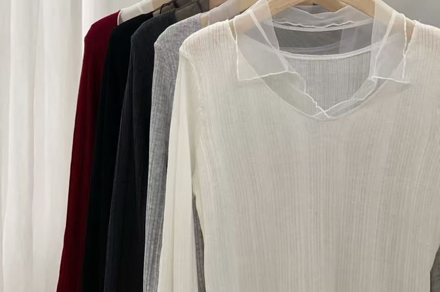 Ribbed Knit Top with Mesh Ruffle and V-Neck Long Sleeves