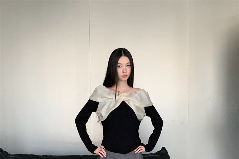 Two Tone Knit Long Sleeve Boatneck Top and Mini Skirt Set