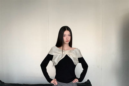 Two Tone Knit Long Sleeve Boatneck Top and Mini Skirt Set