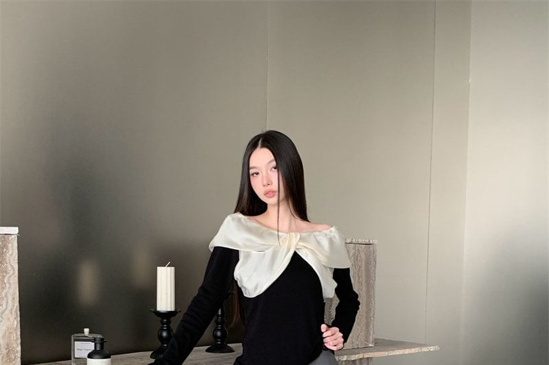 Two Tone Knit Long Sleeve Boatneck Top and Mini Skirt Set