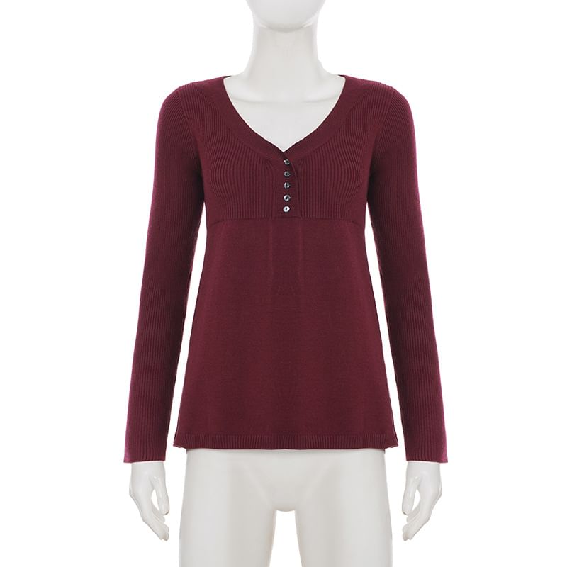 Knit V-Neck Long Sleeve Top