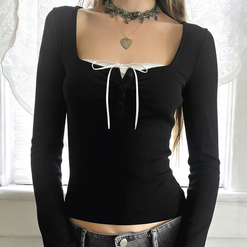 Half Button Mock Wrap Top Long Sleeve