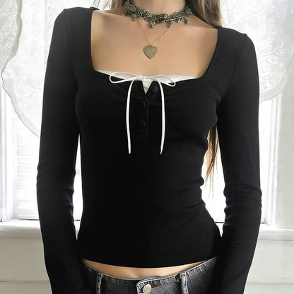 Half Button Mock Wrap Top Long Sleeve