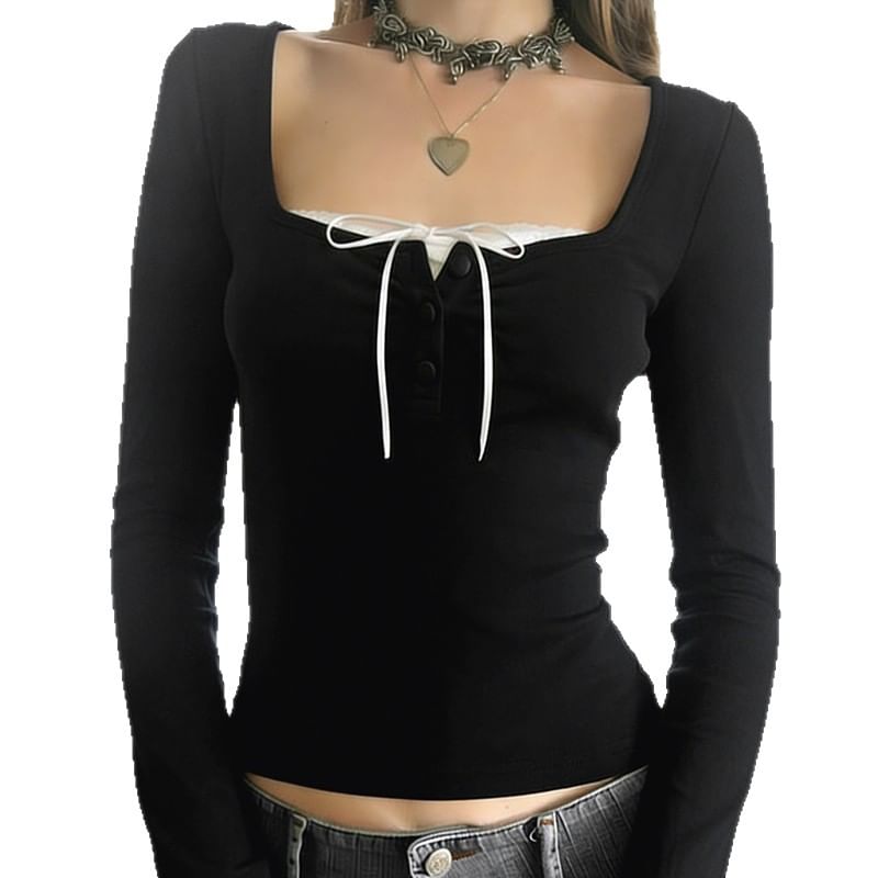 Half Button Mock Wrap Top Long Sleeve