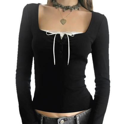 Half Button Mock Wrap Top Long Sleeve