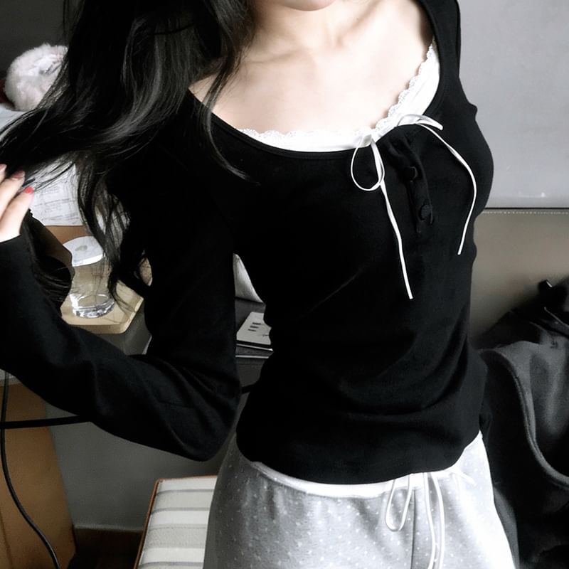 Half Button Mock Wrap Top Long Sleeve