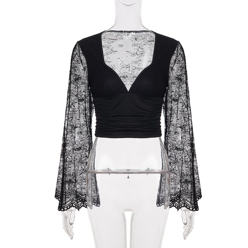 Lace V-Neck Crop Long Sleeve