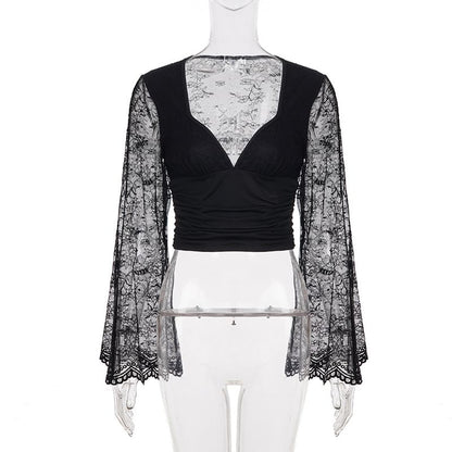 Lace V-Neck Crop Long Sleeve