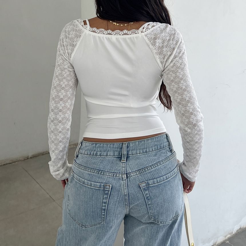 Lace-Trimmed V-Neck Cropped Long-Sleeve Tee